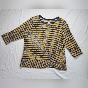 Ruby Rd Striped Floral Yellow Front Knot Stretchy Top